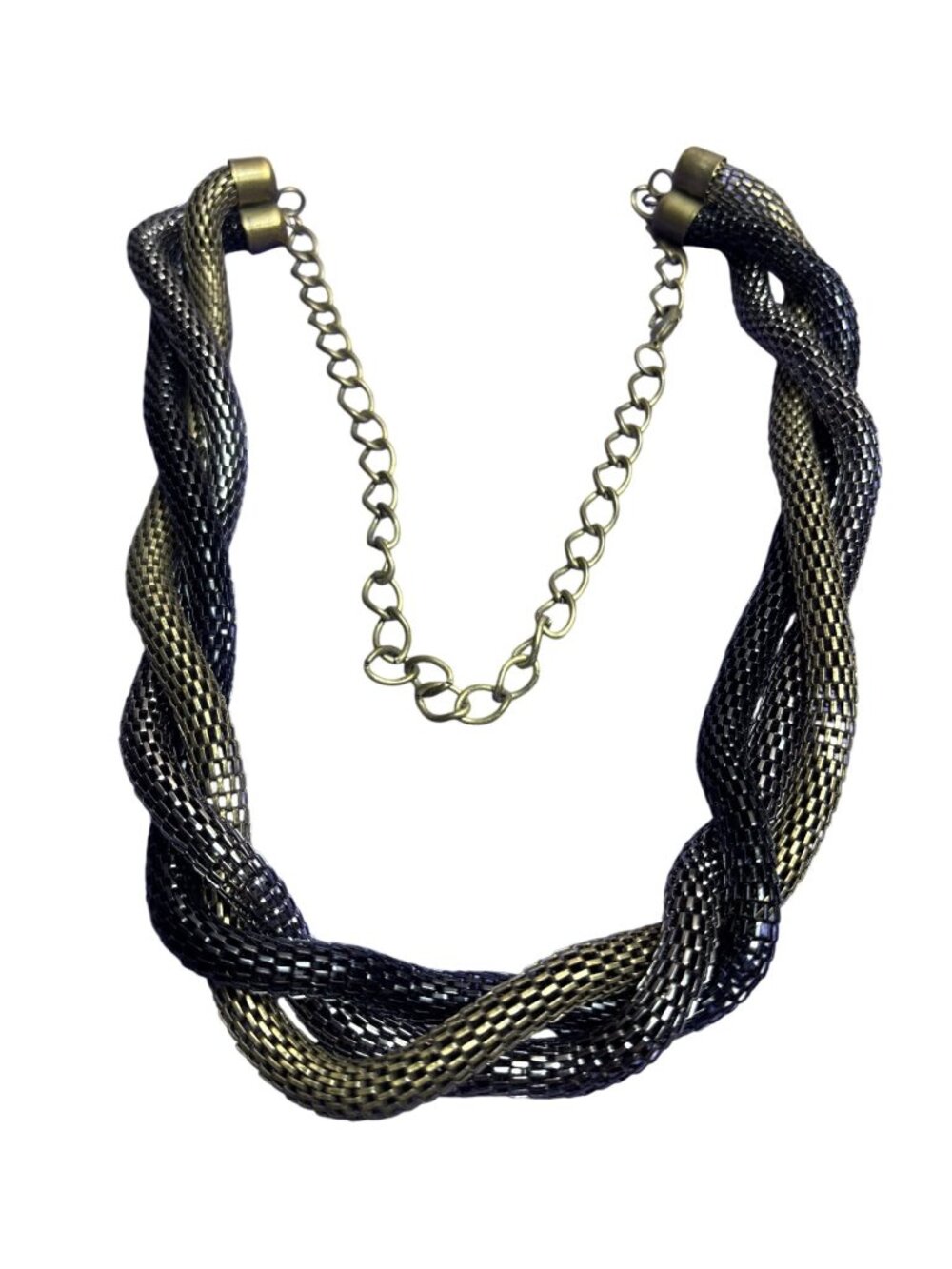 Vintage Antiqued Goldtone Gunmetal and Black Mesh Chain Necklace Braided 30 inch